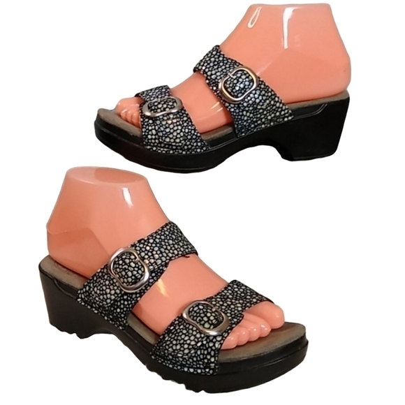 Dansko Sophie Black & Grey Double Strap Slip on Wedge Sandals Size 6.5 - Picture 1 of 11